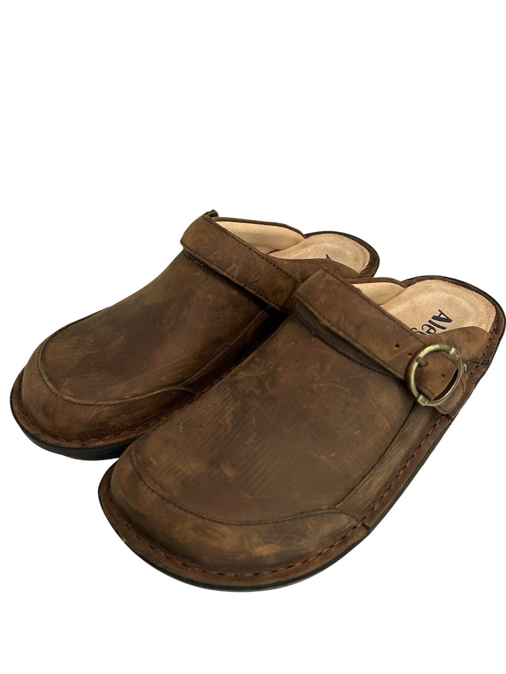 Algeria Women's Brown Distressed Leather Slip-On Clogs with Buckle